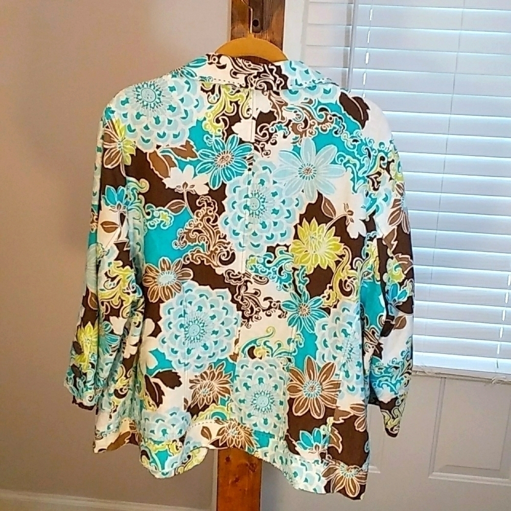 Kim Rogers 100% Linen Green White Open Jacket Blazer 3/4 Sleeves Lined Size 2X - Picture 2 of 10